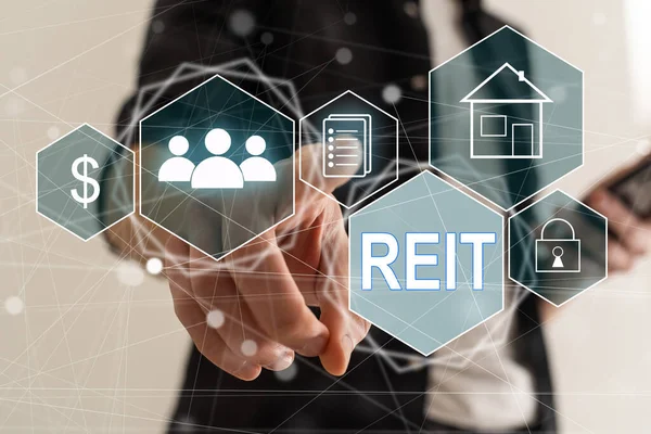 stock image virtual touch screen abbreviation: REIT. Mutual Fund and investment, property, manager, broker, investor and return