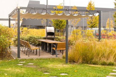 Çatı ve yakacak odunları olan metal barbekü seti küçük bir parkta duruyor. Barbekülü sonbahar manzarası.