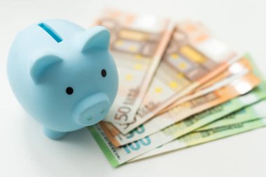 Seramikten yapılmış domuz kumbarası 100 dolar ve 500 Euro değerinde. Para biriktiriyorum. Seçici odaklanma. Yüksek kalite fotoğraf