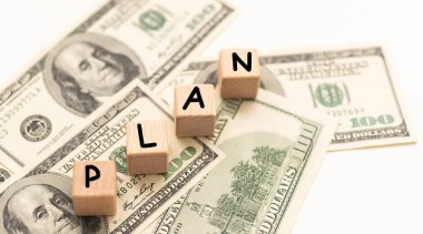 Ahşap blok kelime PlanN ve ahşap arka planda dolar banknotu. Yüksek kalite fotoğraf