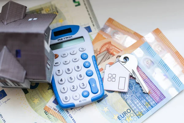 Калькулятор Банкнотами Валютой Евро Нужно Оплатить Счета Евро Финансы Бюджетная Стоковое Фото