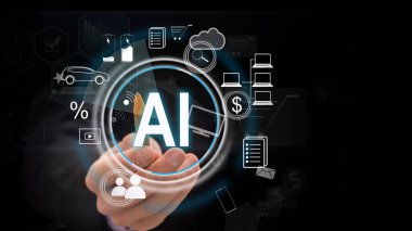 Teknoloji ürünü akıllı robot yapay zeka kullanan bir adam, yapay zeka komutuyla bir şey üretiyor, yapay zeka, yapay zeka. Al ile sohbet et. Yüksek kalite fotoğraf
