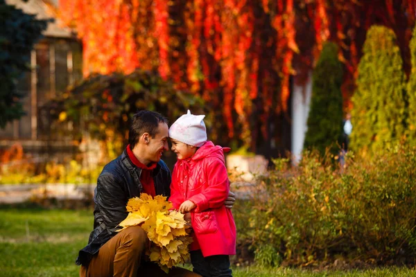 快乐的家庭3 女儿在秋天的树叶上散步时亲吻着 拥抱着她的爸爸 这都是在公园里 — 图库照片