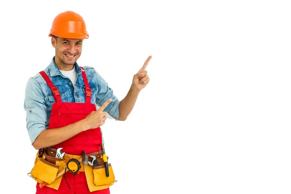 Cheerful Male Contractor Wearing Helmet Isolated White Background Pointing Aside — Stock Photo, Image
