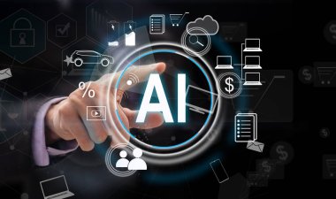 İş adamı eli bulanık mavi bokeh arkaplanındaki yaratıcı yapay zekaya işaret ediyor. Yapay zeka, ai, teknoloji ve iletişim konsepti. Çifte maruziyet. Yüksek kalite fotoğraf