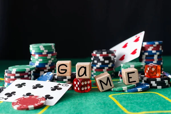 Poker Text Wooden Cubes Poker Chips Playing Cards Green Casino — Stock Photo, Image