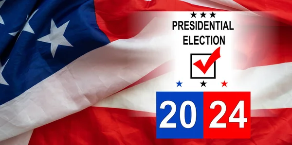 Presidential Election 2024 Written over Waving American Flag. High quality photo