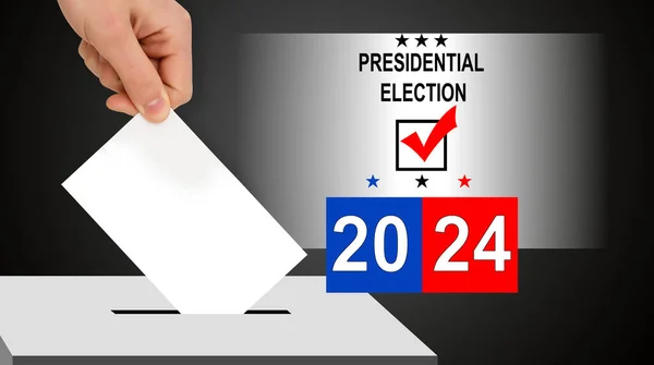 总统选举投票的平面设计说明 将填写完毕的选票放入投票箱的男女手 美国大选日 高质量的照片 — 图库照片