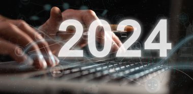 Koyu mavi arka planda 2024 yılına ait küresel ağ ve veri müşteri bağlantısına elle dokunmak. Sosyal ağ şeması. Yüksek kalite fotoğraf