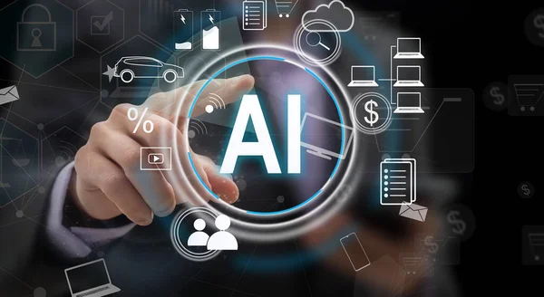 Bir adam dokunmatik ekranda bir konsepte parmağıyla dokunuyor. Yüksek kalite fotoğraf