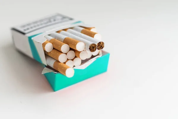Open Blue Pack Cigarettes Isolated White Background Box Cigarettes Closeup — Stock Photo, Image