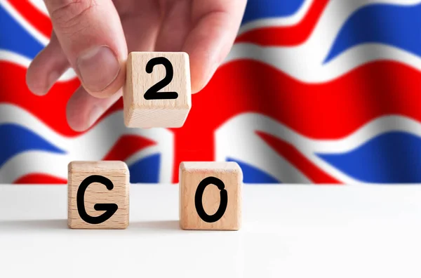 Флаг Юнион Джек Слово Британия Деревянными Буквами Синем Фоне G20 — стоковое фото