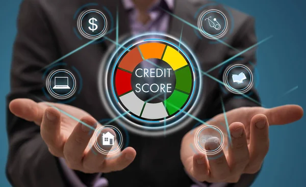 Credit report score button on virtual screen. Business Finance concept. High quality photo