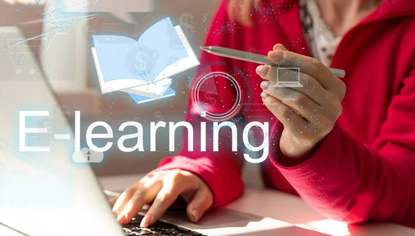 E learning, online training and education, distance learning concept. Man working with a computer laptop, e-learning text on the screen. High quality photo