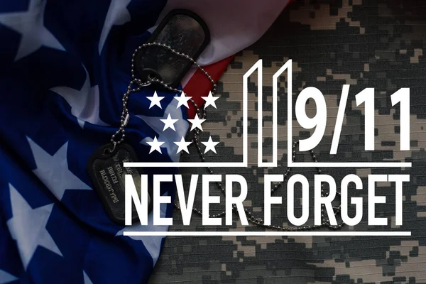 Text Never Forget 9. 11 with United States flag.