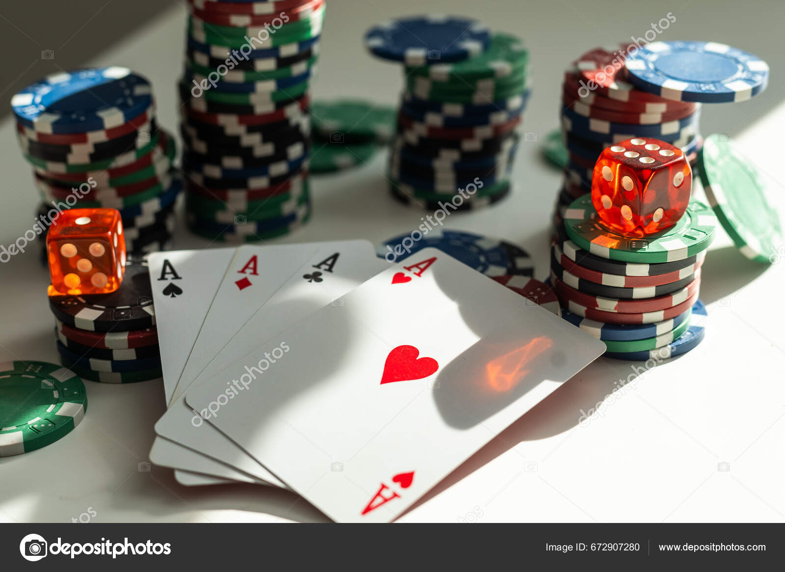 Studio Shot Composition Poker Chips Dices Playing Cards Coins.
