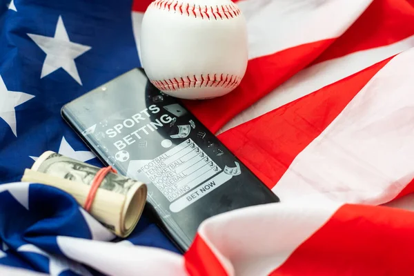 Mingea Baseball Fundal Drapelului American Lumină Fotografie Înaltă Calitate — Fotografie, imagine de stoc