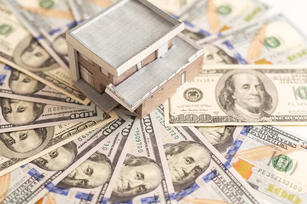 Defocused View Wooden House Model Background Dollars Banknotes Housing Market Stock Picture