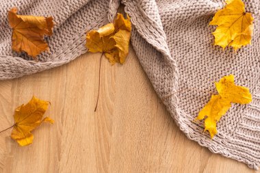 Sonbahar kompozisyonu. Sıcak örülmüş ekose, beyaz yün arka planda sarı yapraklar. Sonbahar, sonbahar konsepti. Düz konum, üst görünüm, kopyalama alanı