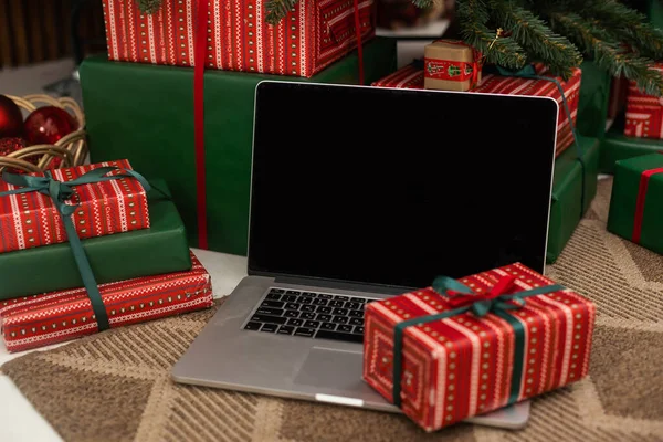 Laptop Background Christmas Interior — Φωτογραφία Αρχείου