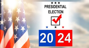 Politika ve oy verme kavramı. Başkanlık seçimi 2024 Amerikan bayrağı arkaplanı üzerinden beyaz kağıda yazılmış. Yüksek kalite fotoğraf