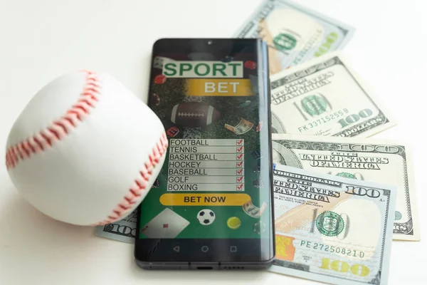 Baseball ball with cash money. Major league strike, lockout and sports betting concept. High quality photo