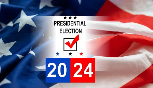 Prezidentské Volby Text Roku 2024 Bílém Papíře Nad Vlající Americkou — Stock fotografie