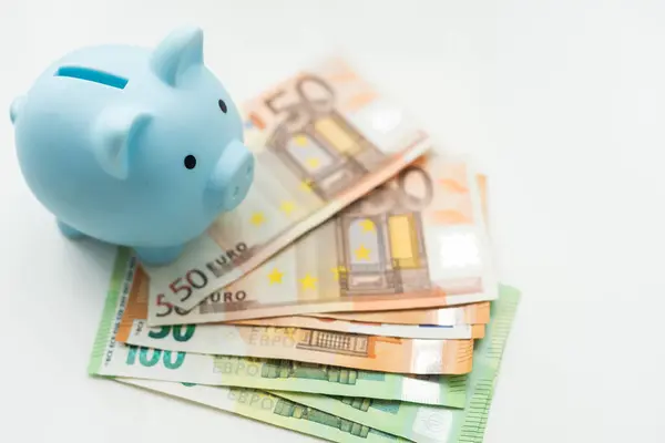 pig money box with cash, bills dollar, euro, savings, storage, wealth, Pig piggy bank with cash closeup. High quality photo