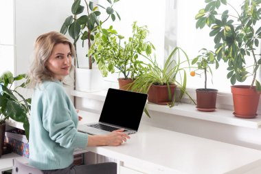 Kendine güveni tam, başarılı, mavi gömlekli iş kadını iş yerinde çalışıyor. Bilgisayarlı, beyaz masa başında çalışıyor. Açık modern ofis içi kariyer kavramını araştırıyor.