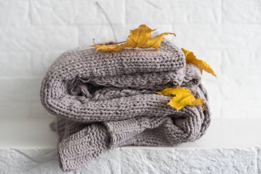 Sonbahar kompozisyonu. Sıcak örülmüş ekose, beyaz arka planda sarı yapraklar. Sonbahar, sonbahar konsepti.