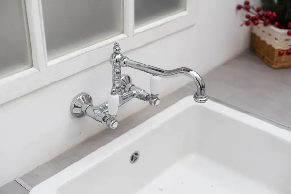 Kitchen Sink Detail Shot Subway Tile Backsplash Granite Countertop White — Stock Fotó