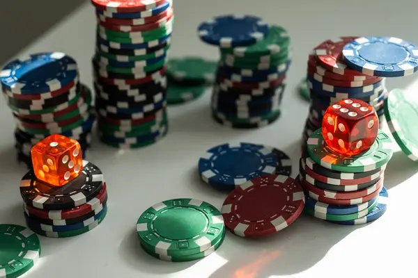 Stacks Poker Chips Including Red Black White Green Blue White — Stock Photo, Image