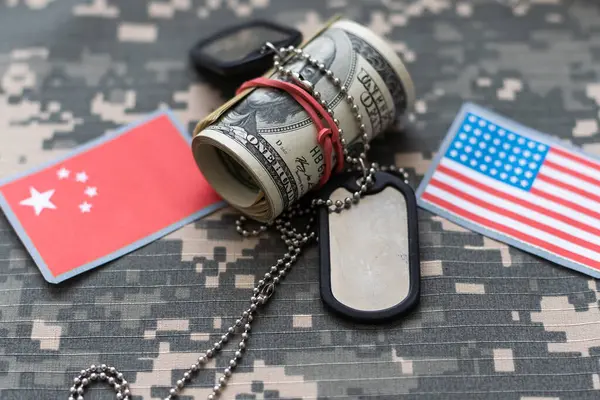 Military ID tags with USA flag on uniform background. High quality photo