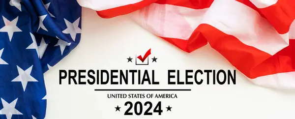 Elezioni Presidenziali 2024 Scritto Bandiera Americana Sventolante Foto Alta Qualità — Foto Stock