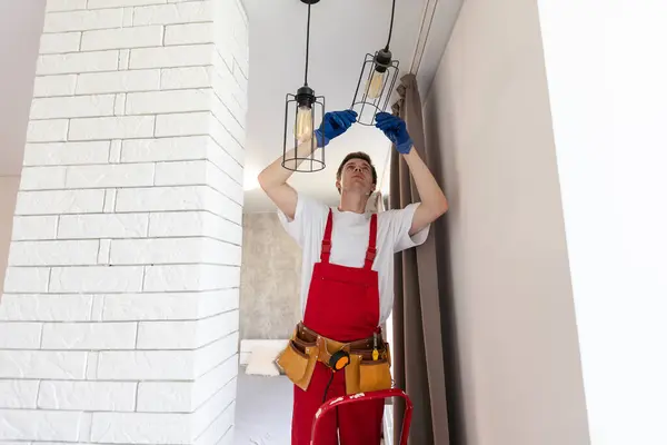 Electrician Installing Led Spotlights Ceiling — Stock Photo, Image