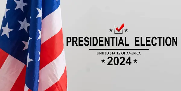 Presidential Election 2024 text over a background with part of the American Flag. Top view. High quality photo