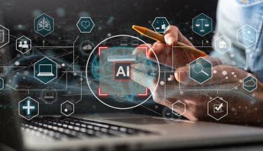 Ofisteki iş yerinde dizüstü bilgisayarda yazan bir adam. Çalışma süreci kavramı, internet sörfü, online iş eğitimi. Öğrenci e-posta gönderdi. Manzarayı kapat. Ai simgeleri. Yüksek kalite fotoğraf