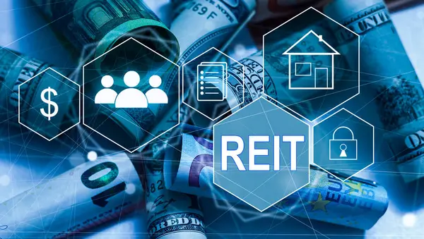 REIT, Real Estate Investment Trust concept, Person hand using smart phone with Real Estate Investment Trust icon on virtual screen.