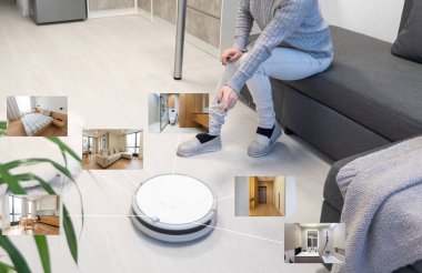 Modern oturma odasının arka planında robot süpürge zemininde akıllı ev uygulaması