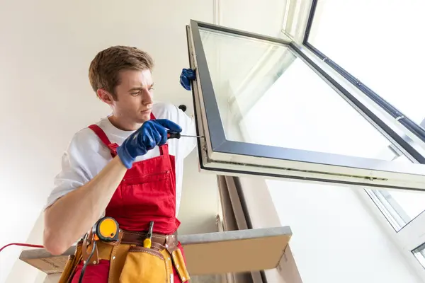 stock image a repairman repairs, adjusts or installs metal-plastic windows in the apartment. glazing of balconies, loggias, verandas in house. production of double-glazed windows to individual sizes.