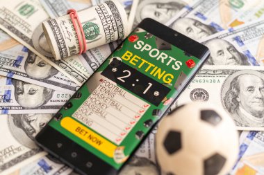 money and smartphone with sports bet application. High quality photo clipart