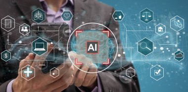 Bir adam dokunmatik ekranda bir konsepte parmağıyla dokunuyor. Yüksek kalite fotoğraf