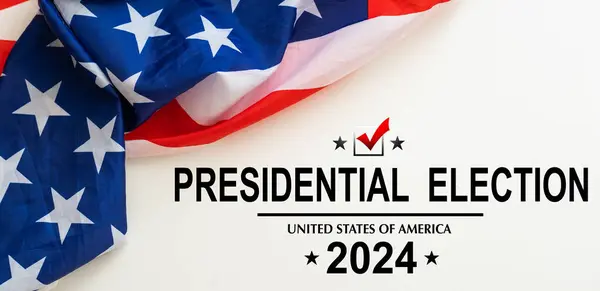 Stock image Presidential Election 2024 text over a background with part of the American Flag. Top view. High quality photo