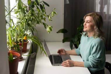Koltukta oturan ve ayaklarını pencere kenarına koyan bir kadın kendini tecrit sırasında dizüstü bilgisayarda çalışıyor, yakınlardaki kedi ilgi istiyor ve okşanmak istiyor. Evden iş..
