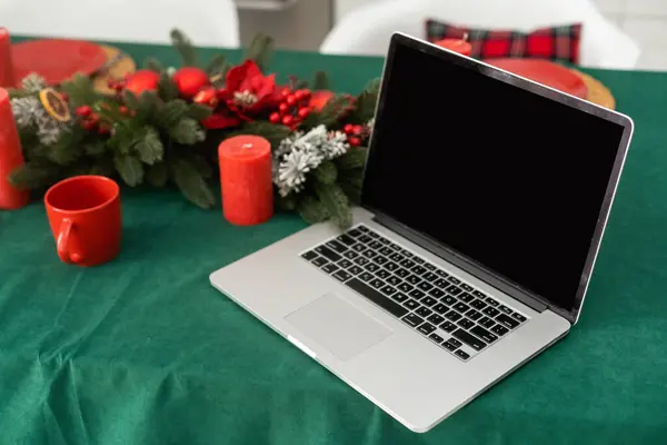 Celebrating Merry Christmas New Year Home Candles Garlands Laptop Table — Stock Photo, Image