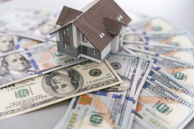 Ev dolar arkaplanda, 3D görüntüleme. Yüksek kalite fotoğraf