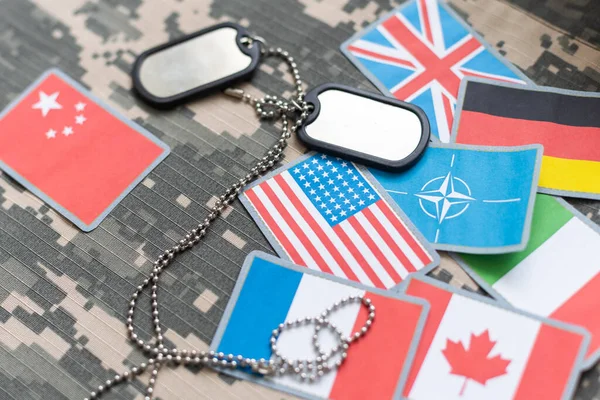 American flag and dog tags on camouflage background. High quality photo
