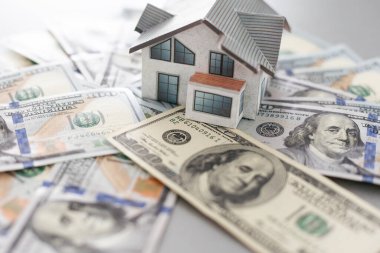 Ev dolar arkaplanda, 3D görüntüleme. Yüksek kalite fotoğraf