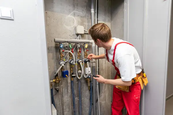 plumber installing pressure meter for house heating system.