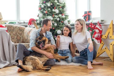 Mutlu Noeller ve mutlu yıllar. Köpekli mutlu aile evde güzel bir Noel ağacının yanında oturmuş yeni yılı bekliyor.